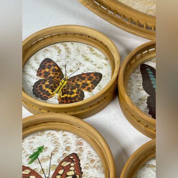 Vintage Bamboo/Rattan/Glass pressed flower & Butterfly tray/coaster set 7 pcs - Picture 10 of 16